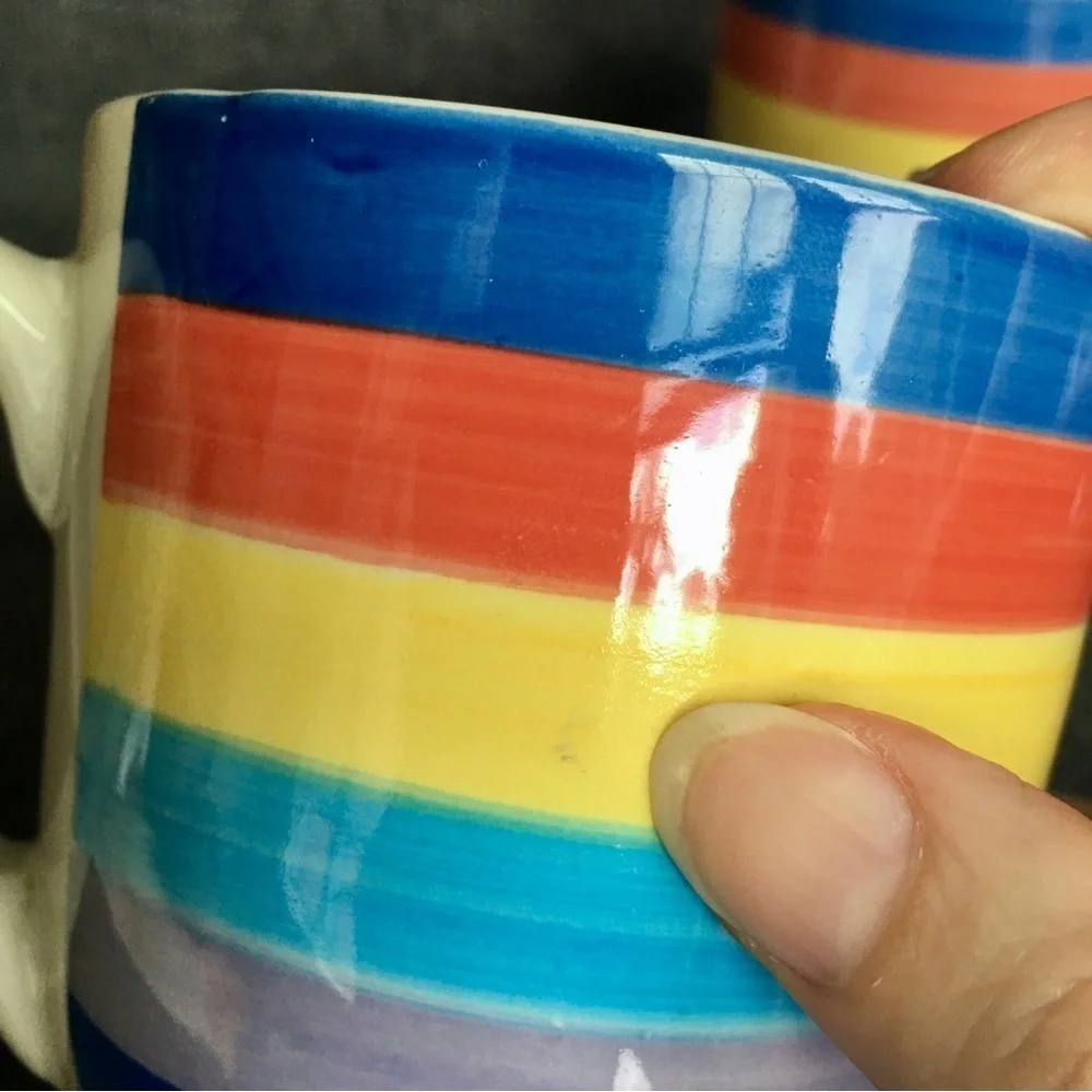 Set/2 Rainbow Striped Ceramic Coffee Mugs, 14 oz